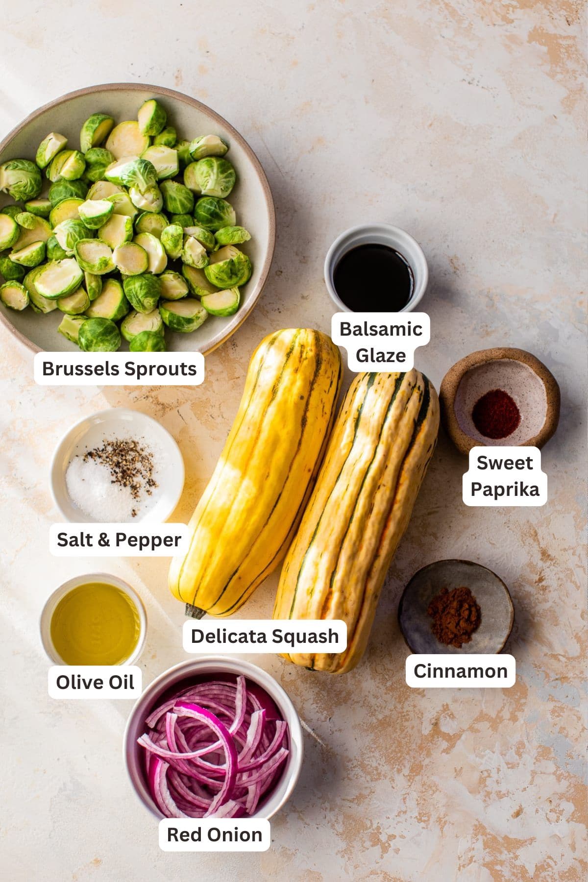 Ingredients for Roasted Delicata Squash and Brussels Sprouts.