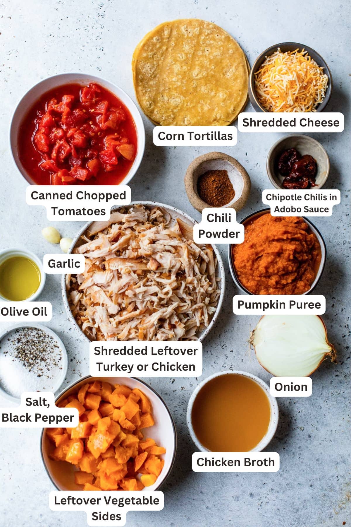 Ingredients for Leftover Turkey Enchiladas Skillet.