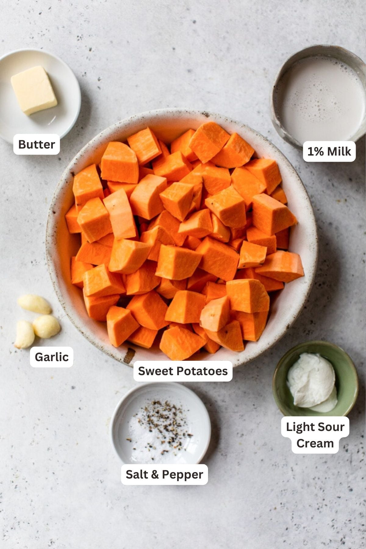 These buttery mashed sweet potatoes are a fluffy, creamy, and delicious side dish recipe. Ready in 25 minutes and made without sugar! Ingredients for Mashed Sweet Potatoes.