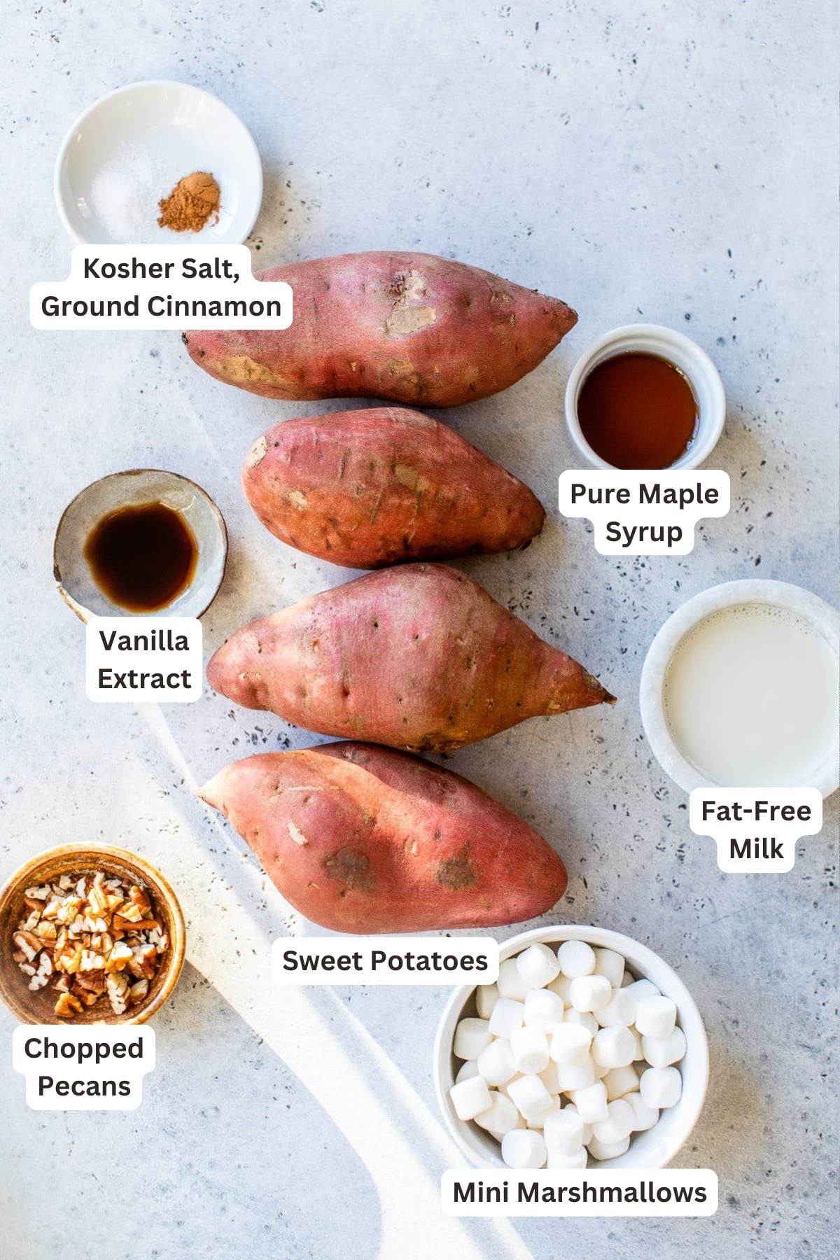 Ingredients for Twice Baked Sweet Potatoes with Marshmallows.