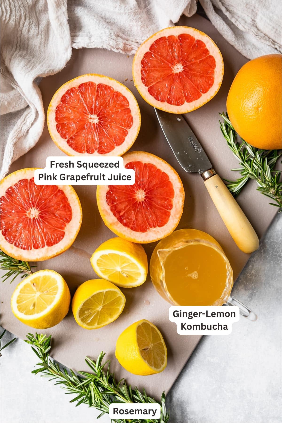 Ingredients for Grapefruit-Ginger Kombucha Mocktail.