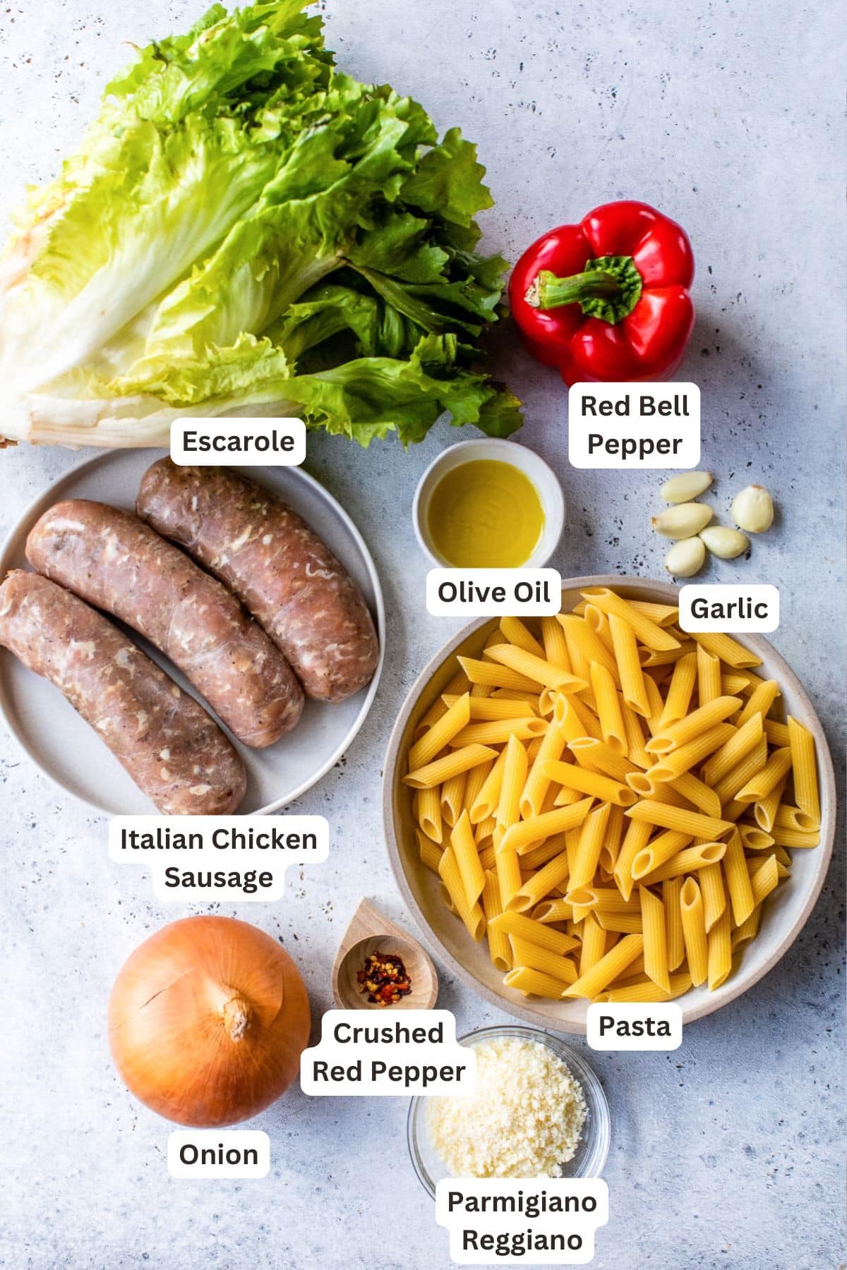 Ingredients for Escarole Pasta with Sausage and Peppers.