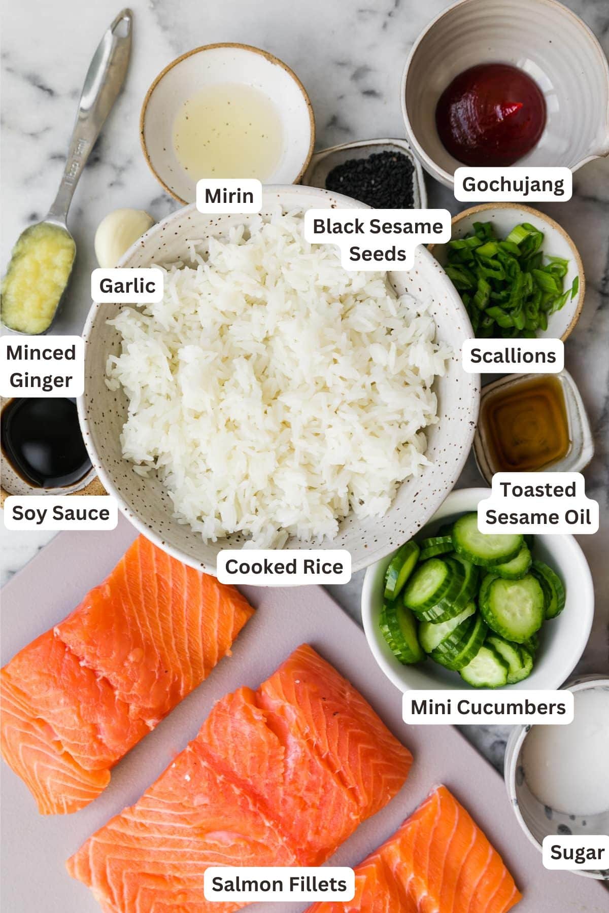 Ingredients for Korean-Inspired Salmon Rice Bowl.