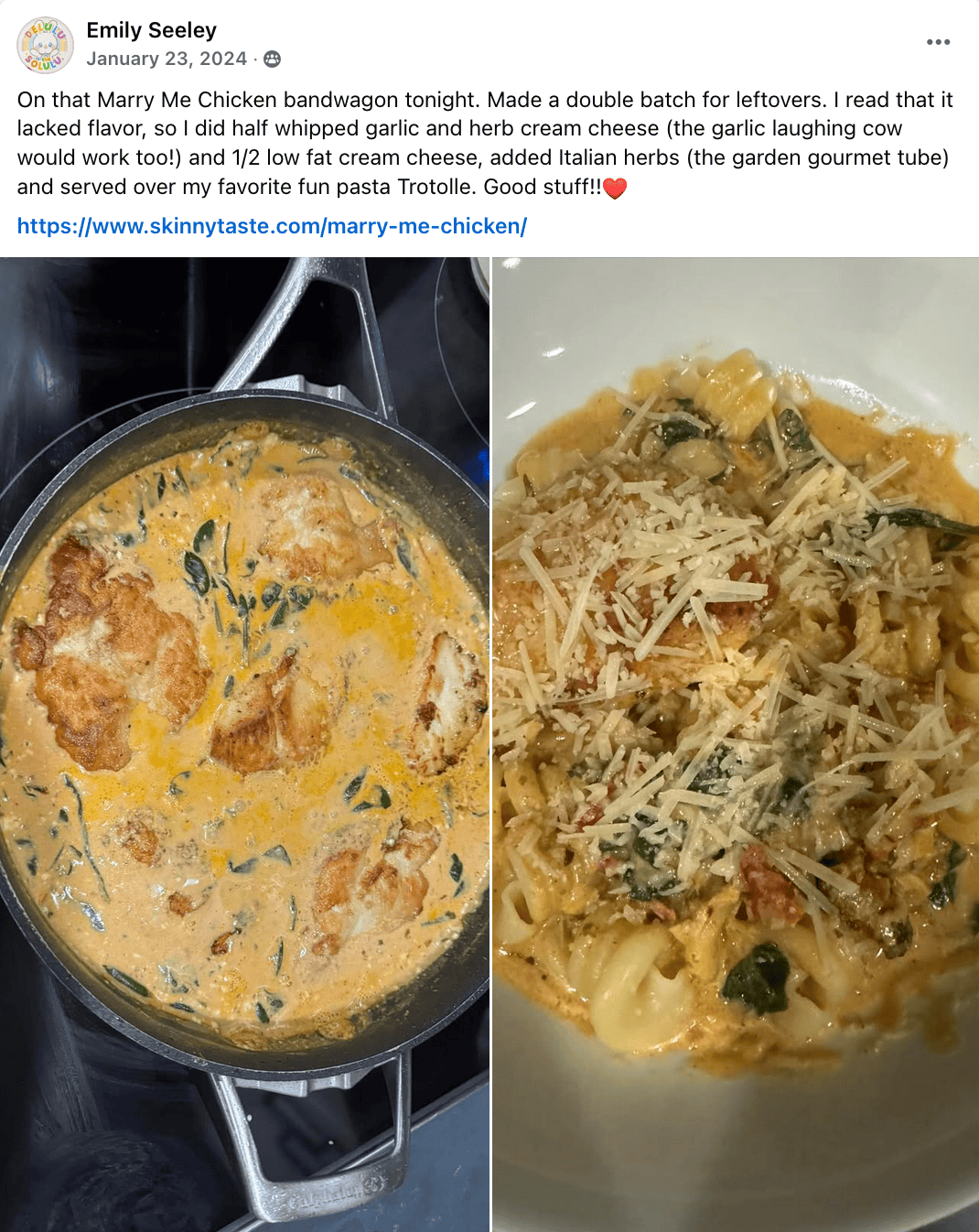 Marry Me Chicken made by Skinnytaste reader Emily—served over pasta