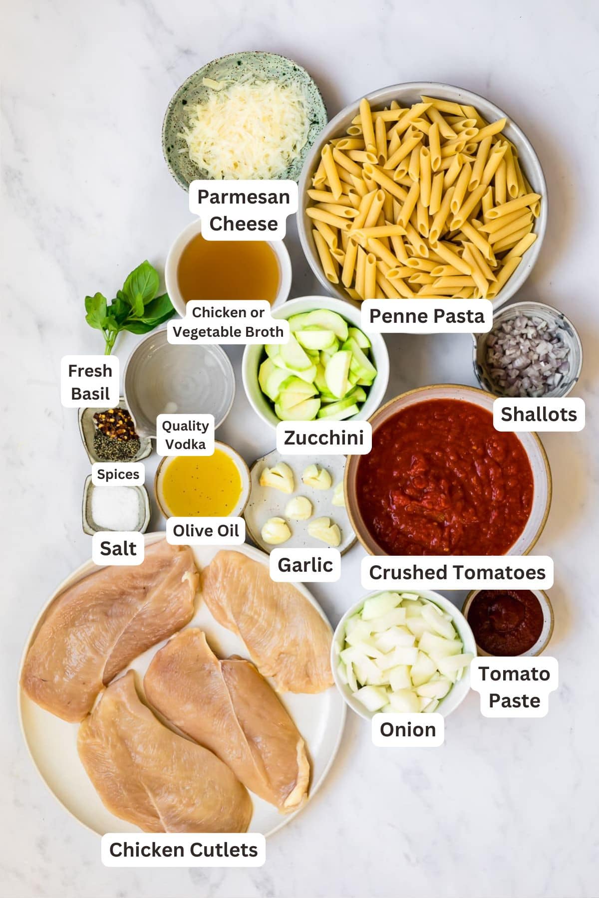 Ingredients for Penne alla Vodka with Chicken.