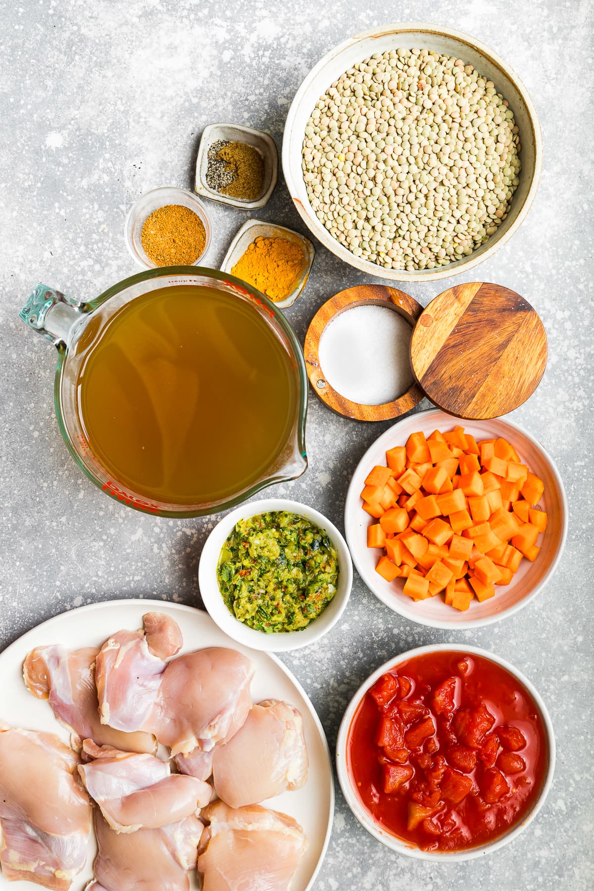 chicken, lentils, broth and veggies