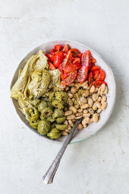 beans, tomatoes, olives and artichoke hearts