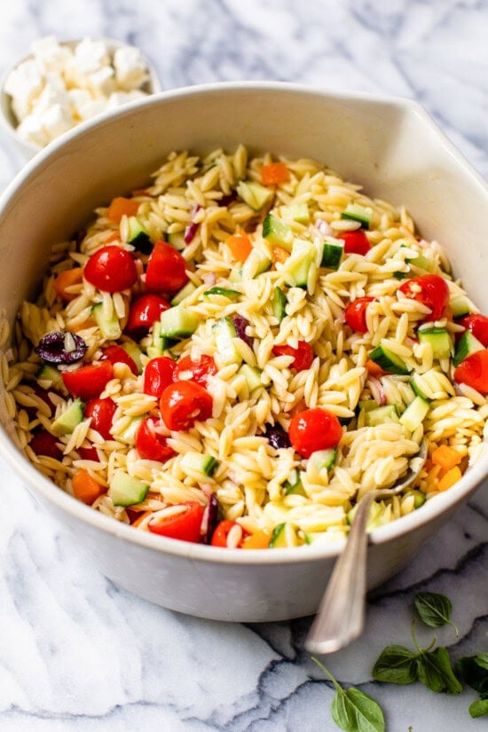Greek Orzo Salad in a bowl