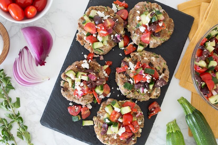 Naked Greek Feta-Zucchini Turkey Burgers are so juicy, thanks to my secret ingredient – grated zucchini!