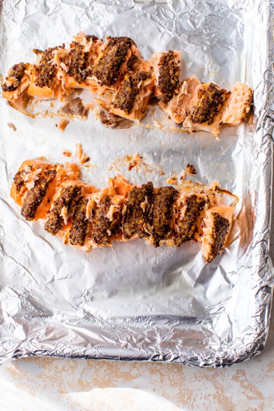 cooked salmon cut up.