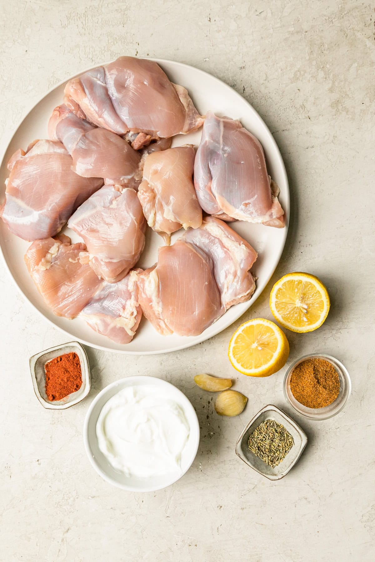 Boneless Chicken Thighs, lemon, yogurt and spices.