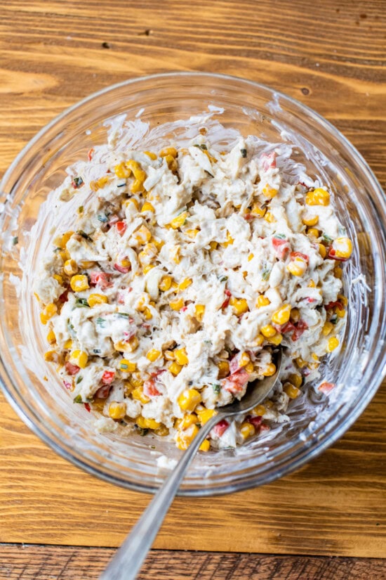 crab corn and cream cheese in a bowl