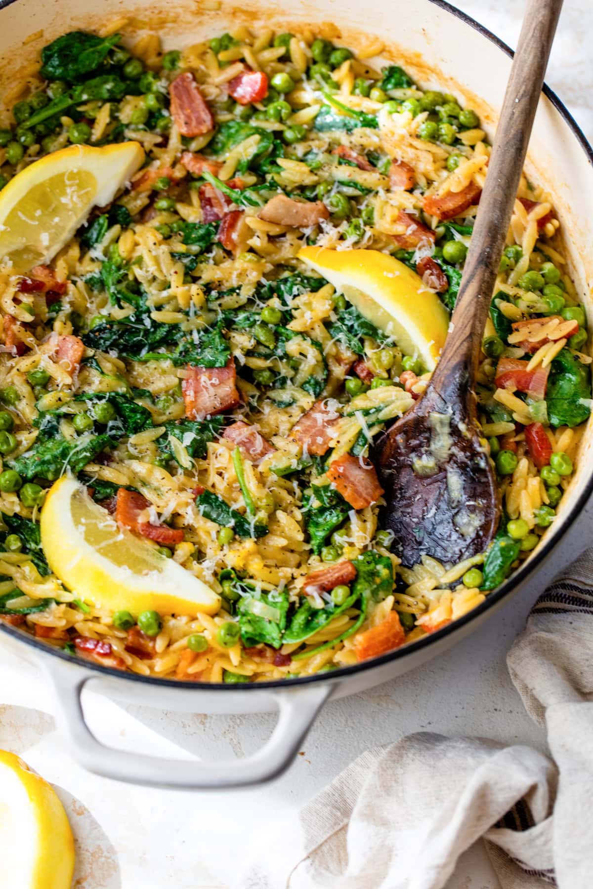 One Pot Orzo with Bacon, Peas, Spinach, and Lemon