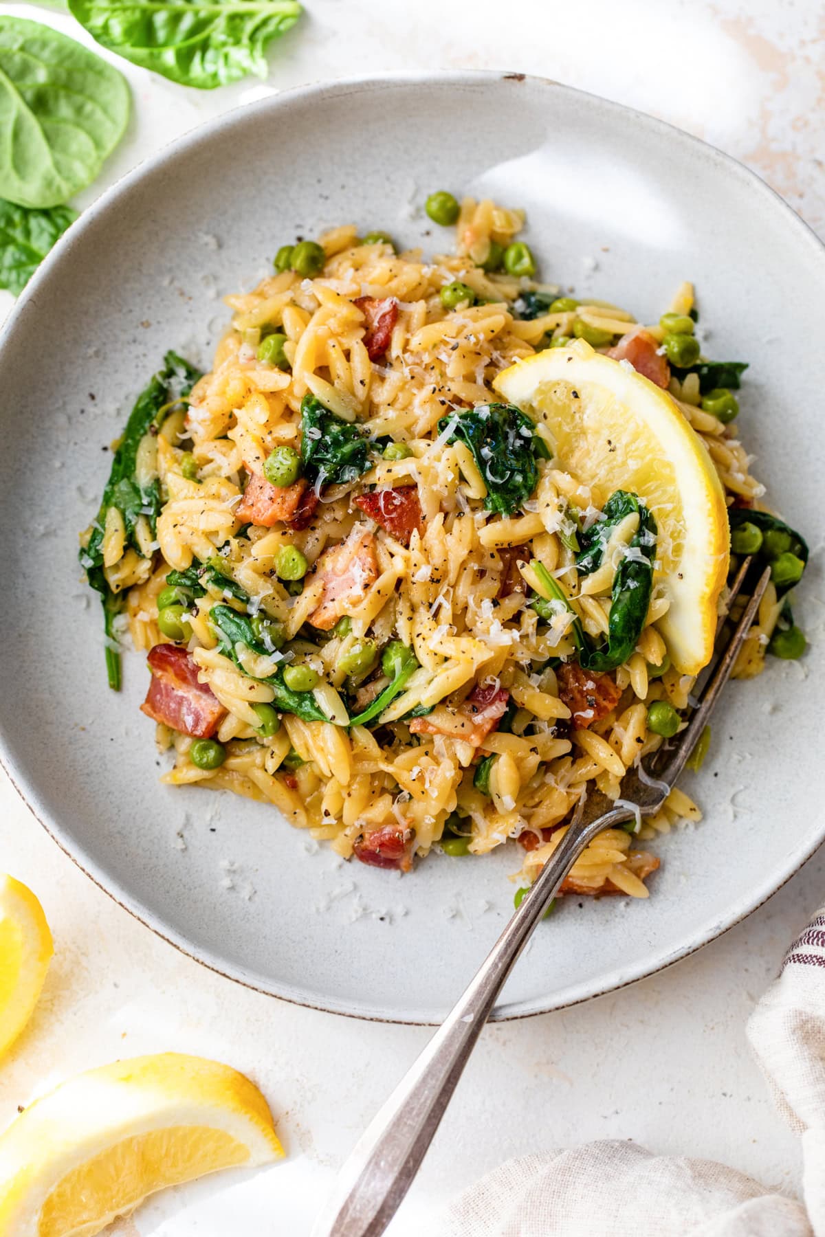 One Pot Orzo with Bacon, Peas, Spinach, and Lemon