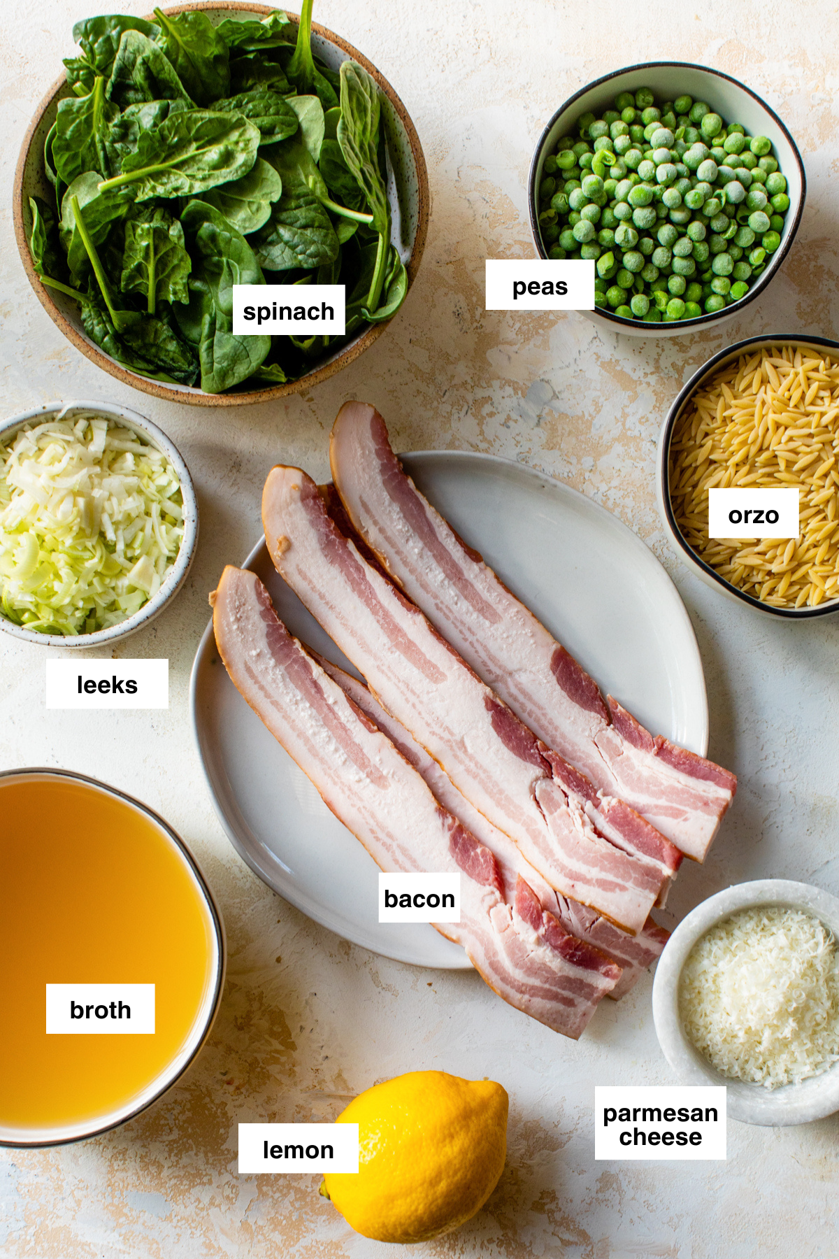 bacon, orzo, lemon, peas, spinach