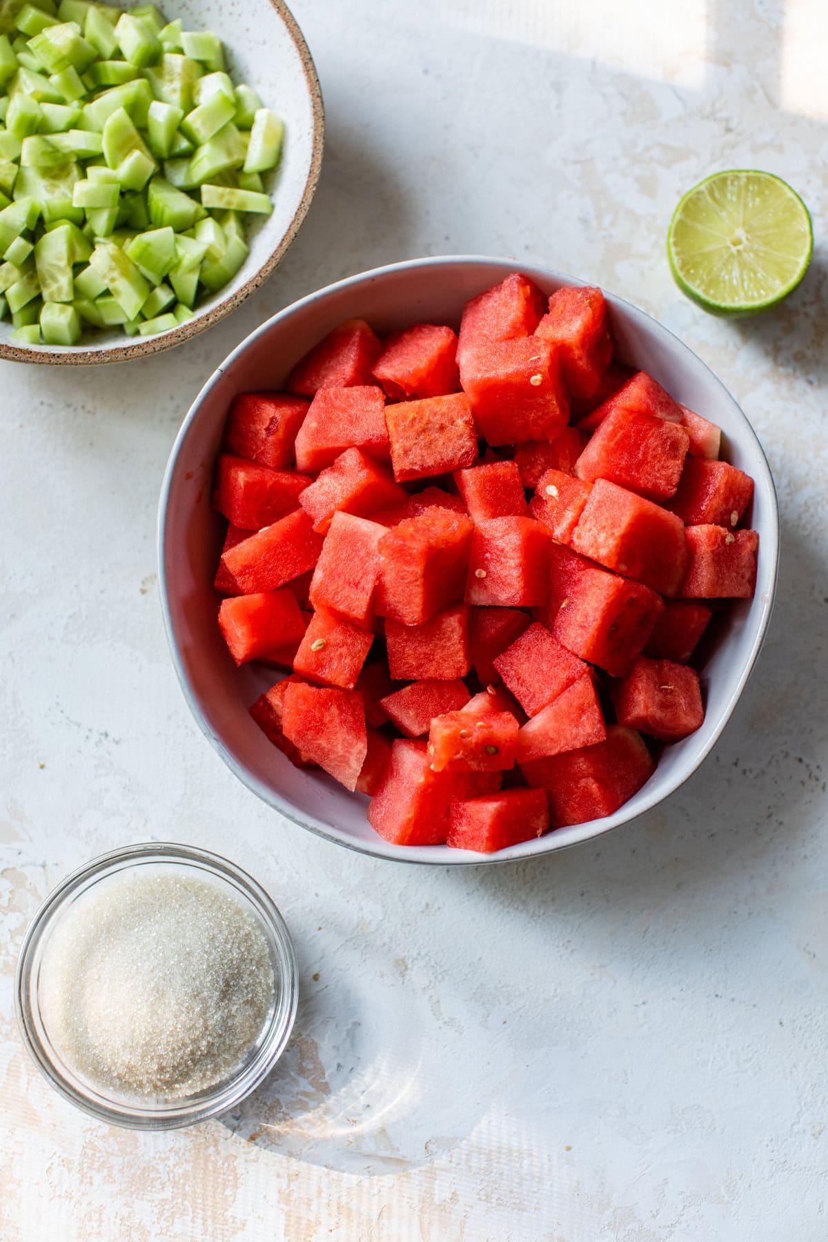 cucumbers, watermelon, lime and sugar