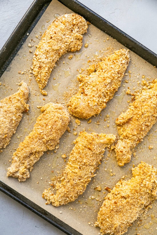 pretzel breaded chicken fingers ready to bake.