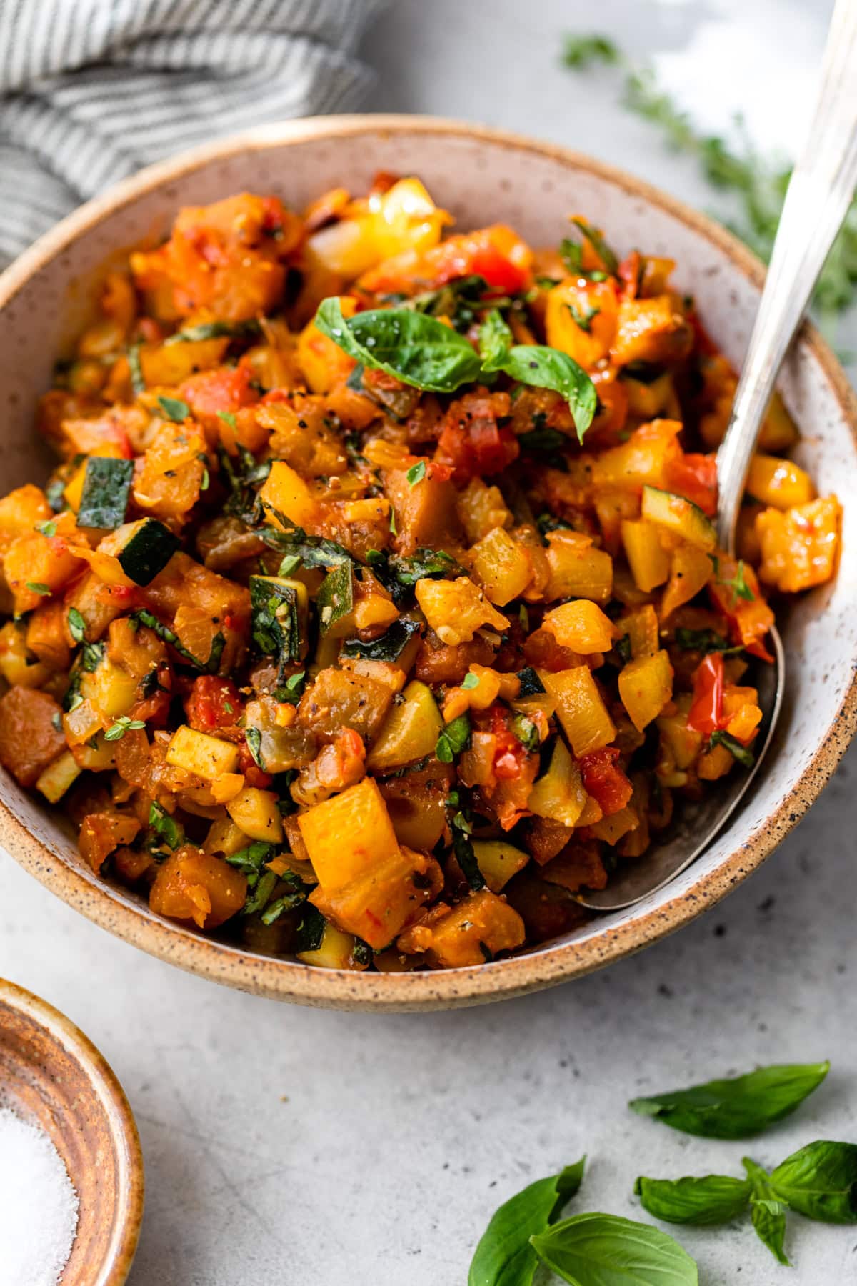 A bowl filled with homemade ratatouille.