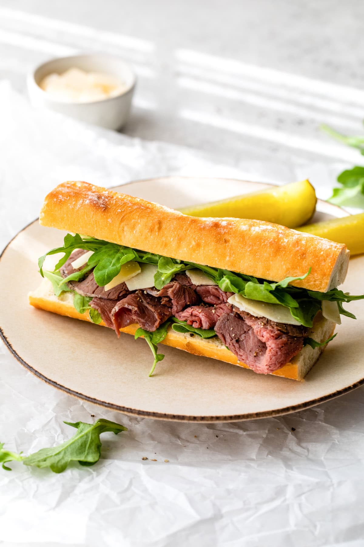 Roast Beef Sandwich with Arugula and Shaved Parmesan
