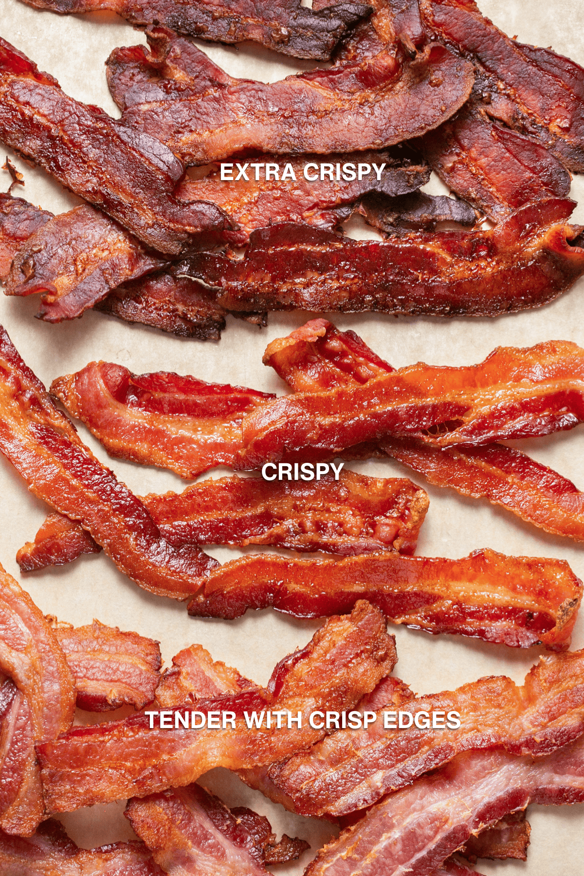 Whether you're a fan of tender, crisp, or extra crispy bacon, this simple method of cooking bacon in the oven is easy. No stovetop mess! Bacon cooked 3 ways on parchment paper.