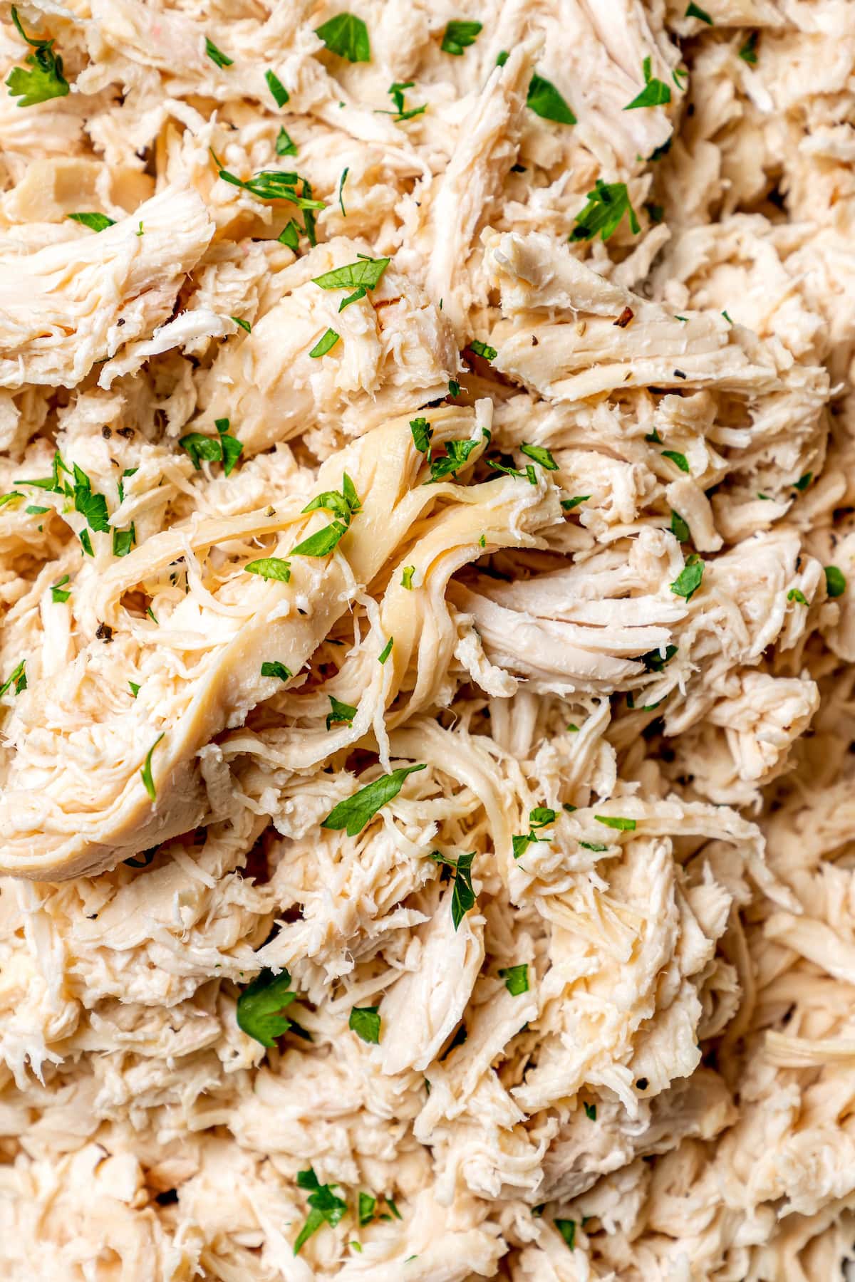 This slow cooker shredded chicken recipe is juicy, tender, and flavorful. It's a hands-off cooking method perfect for meal prep! Closeup of slow cooker shredded chicken