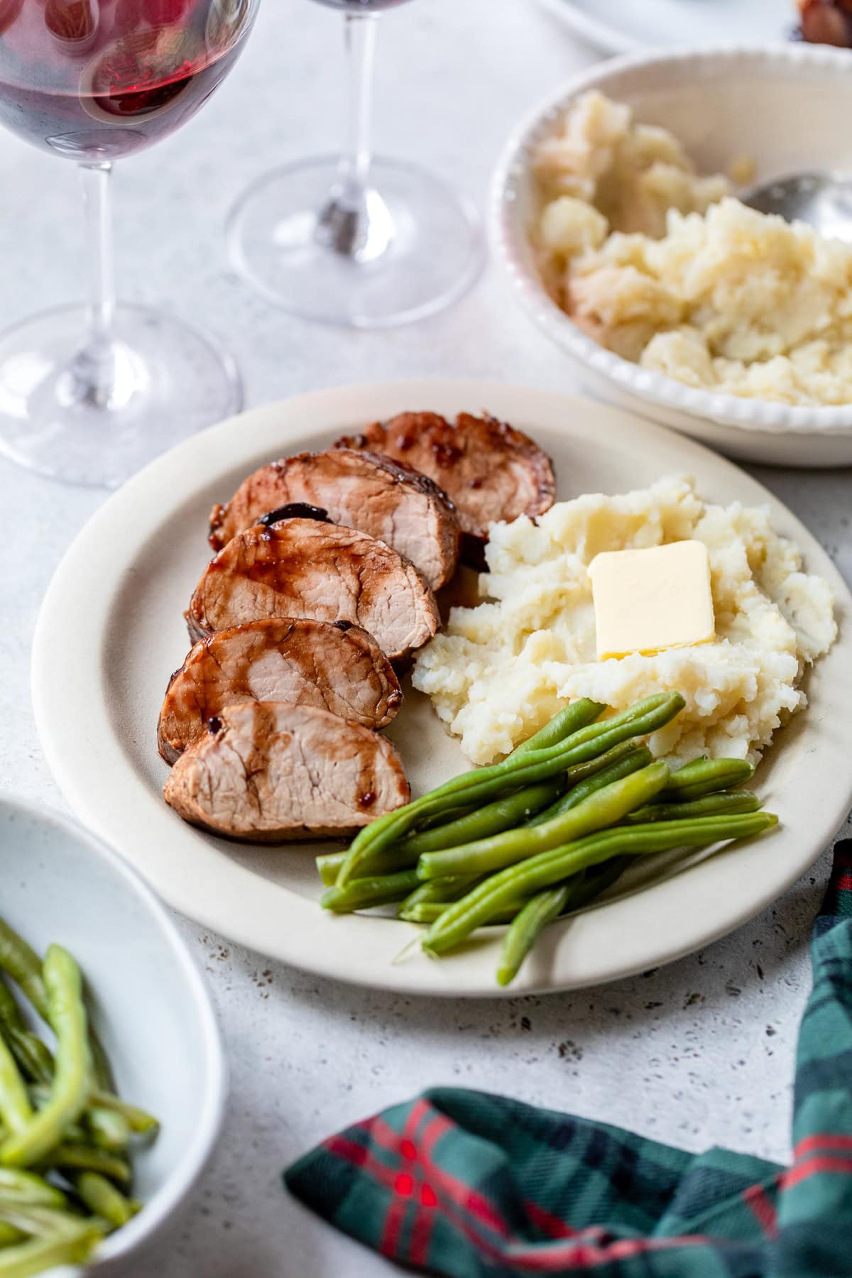 Pork Tenderloin with Cherry Sauce, mashed potatoes and green beans.