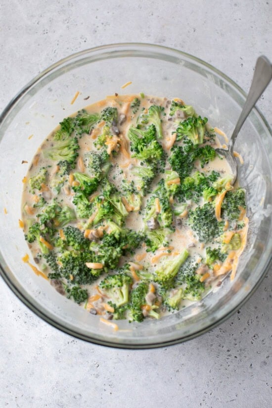 Mix soup with broccoli and cheese.