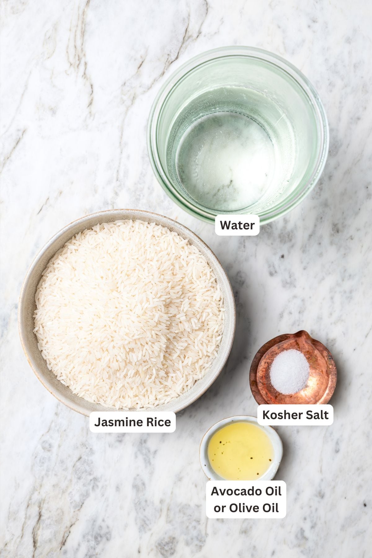 Overhead view of ingredients for jasmine rice