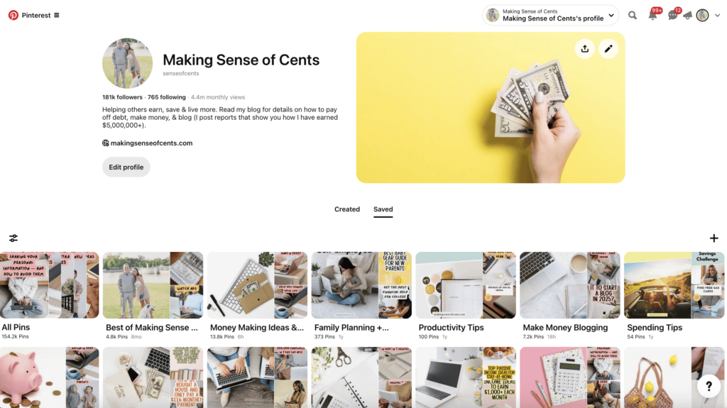 screenshot of Making Sense of Cents Pinterest profile as an example for blog post about how to make money on pinterest with a blog