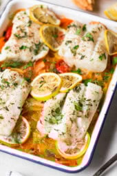 Baked Cod with Cherry Tomatoes, Fennel, and Capers