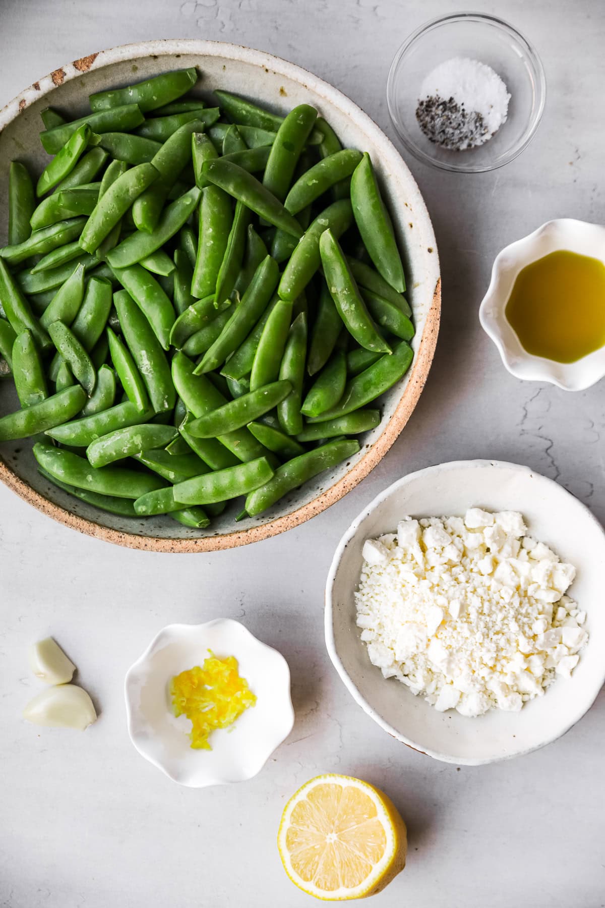 Snap Peas, feta cheese, lemon and olive oil.