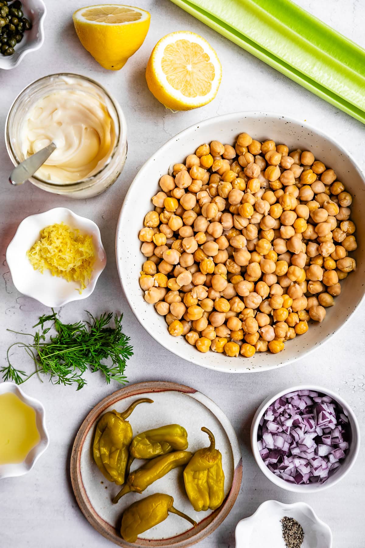 Chickpeas, pepperoncini, mayo, lemon, dill