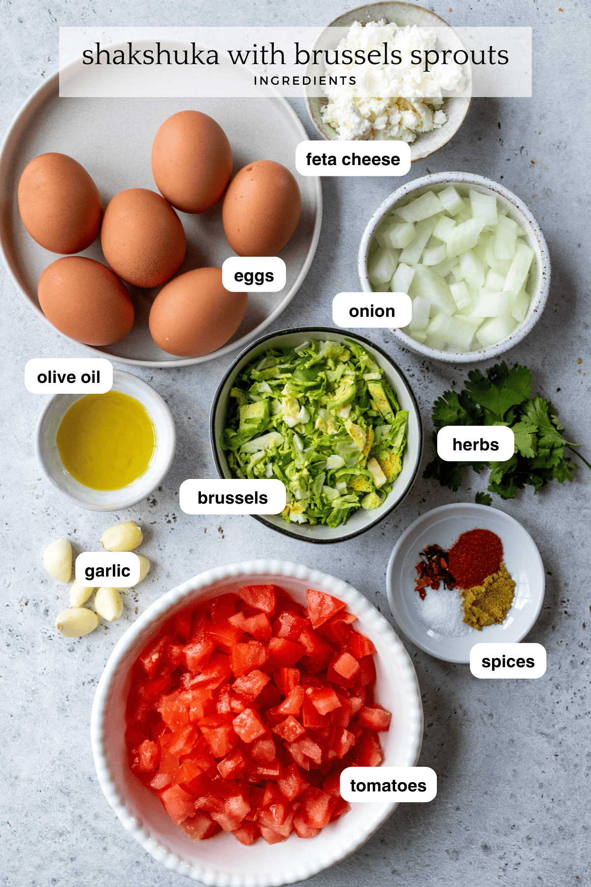 eggs, brussels sprouts, feta, onions, tomatoes