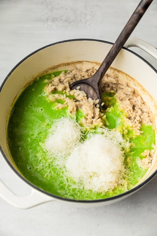 Mix rice with peas and cheese.