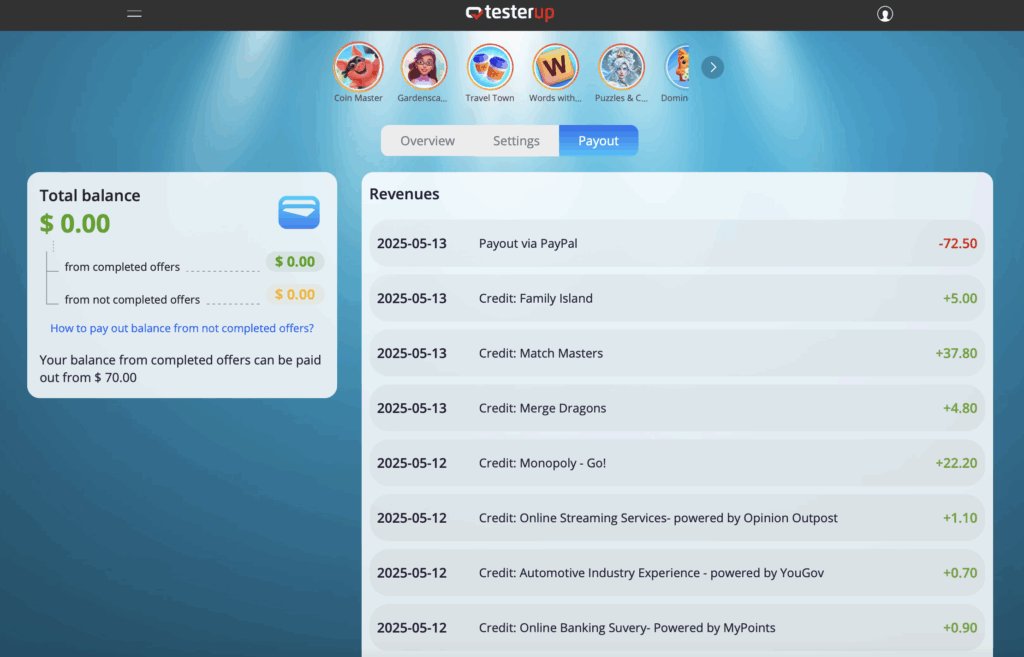 Testerup earnings and payment proof