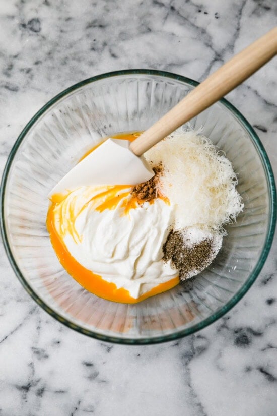 Add parmesan, egg yolk and spices