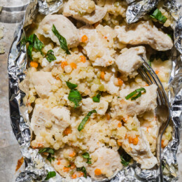 Garlic Parmesan Chicken Foil Packets with Couscous in foil