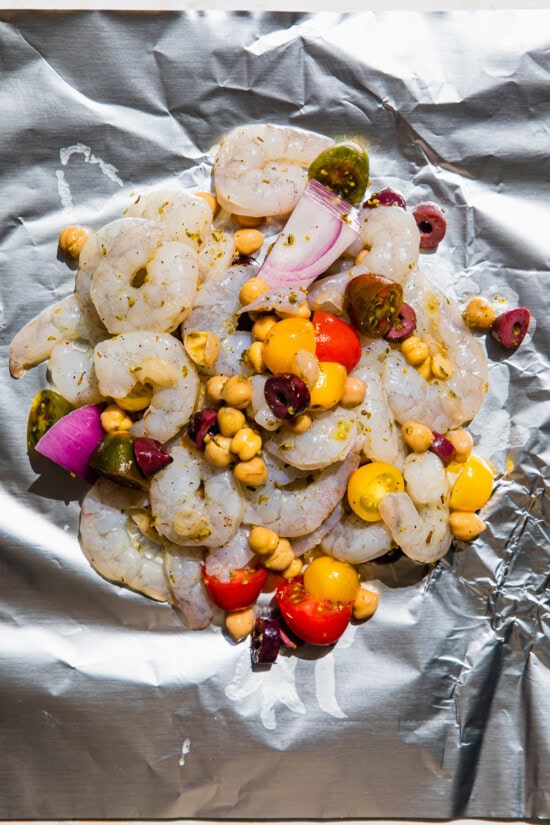 Shrimp, tomatoes, olives in Foil Packets
