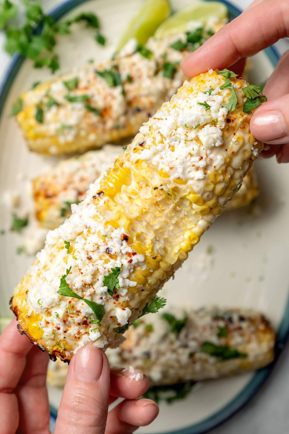 This lighter version of the classic grilled Mexican street corn recipe has all the flavor of the original, with mayo, cotija, lime and Tajín! Hand holding ear of Mexican street corn with bite taken out of center