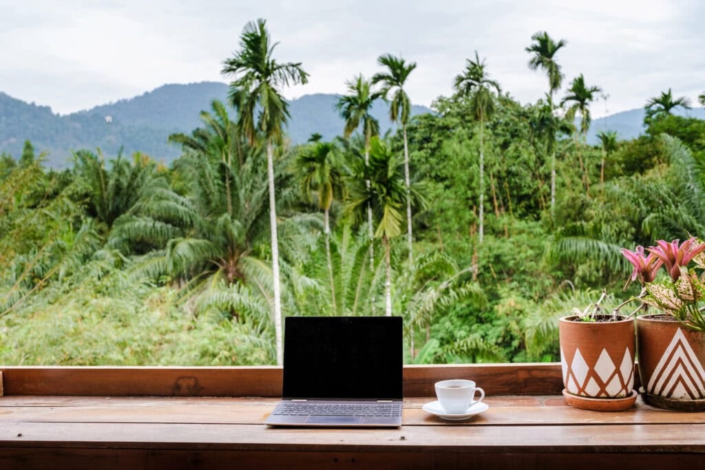 laptop on table in front of jungle for article best ways to make $15,000 a month on a laptop
