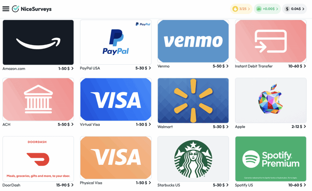 NiceSurveys gift card options