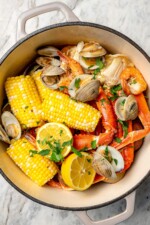 Overhead view of seafood boil in Dutch oven