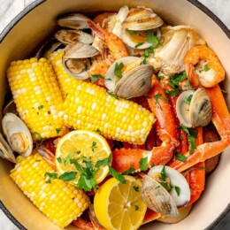 Overhead view of seafood boil in Dutch oven