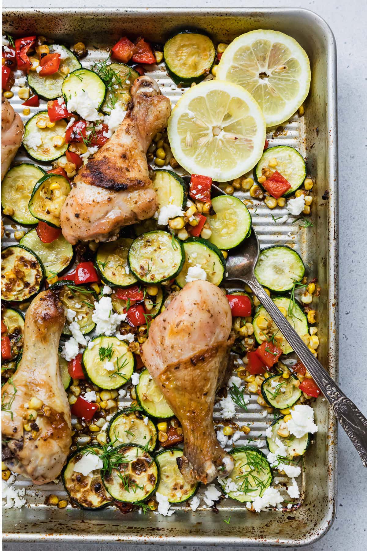Sheet Pan Chicken with Zucchini Corn Feta