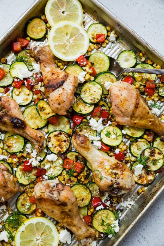 Chicken Drumsticks with Zucchini, Bell Peppers and Corn