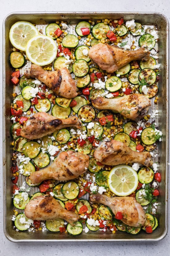 Sheet Pan Chicken Drumsticks with Zucchini, Bell Peppers and Corn