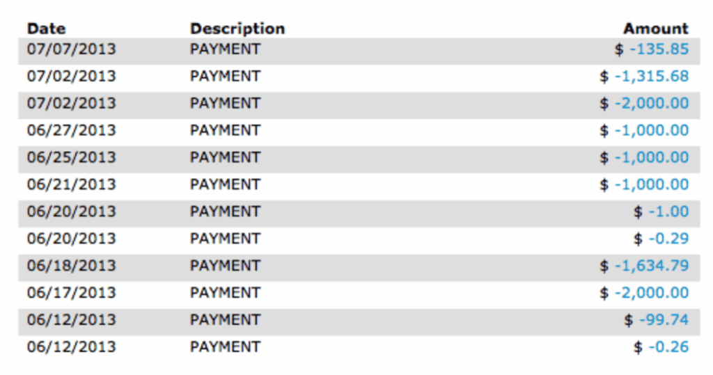 Here's a screenshot I took back when I was paying off my student loans. As soon as I received income, I would put it towards my debt so that I would not miss it. I was also working a lot - many weeks were around 100 hours of working between my day job and all of my side hustles. Also, the smaller amounts like $1.00 or $0.29 were from what was leftover after a debt was paid off (but I still owed interest for that day).