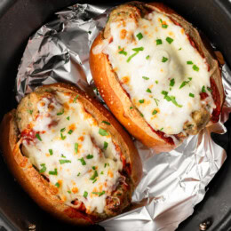 Air Fryer Meatball Subs in the air fryer basket