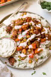 Chicken Shawarma with veggies and chickpeas over rice