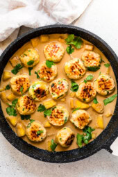 Hawaiian Chicken Meatballs with Pineapple Coconut Sauce over rice